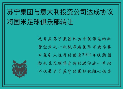 苏宁集团与意大利投资公司达成协议将国米足球俱乐部转让